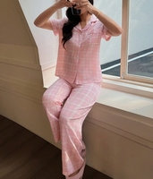 Pyjama décontracté rose à carreaux pour femme, ensemble deux pièces, vêtements de nuit et d'intérieur, pyjamas personnalisables ODM