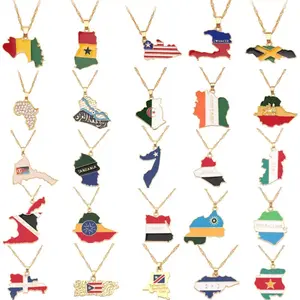 Wholesale Custom Travelling Gift Jewelry Gold Plated Alloy Enamel National Flag Multiple Country Map Pendant Necklace