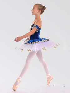 Costumes de danse de ballet en tulle blanc avec appliques dorées en velours bleu royal, nouveaux modèles Anna Shi - Product Image 3