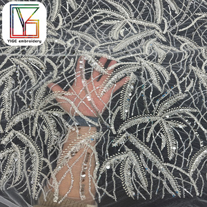 Tessuto in Pizzo Africano di Lusso, <span class=keywords><strong>Tulle</strong></span> <span class=keywords><strong>Bianco</strong></span> con Perline e Paillettes, Tessuto in Pizzo Ricamato per Abiti da Sposa e da Sera - Product Image 2