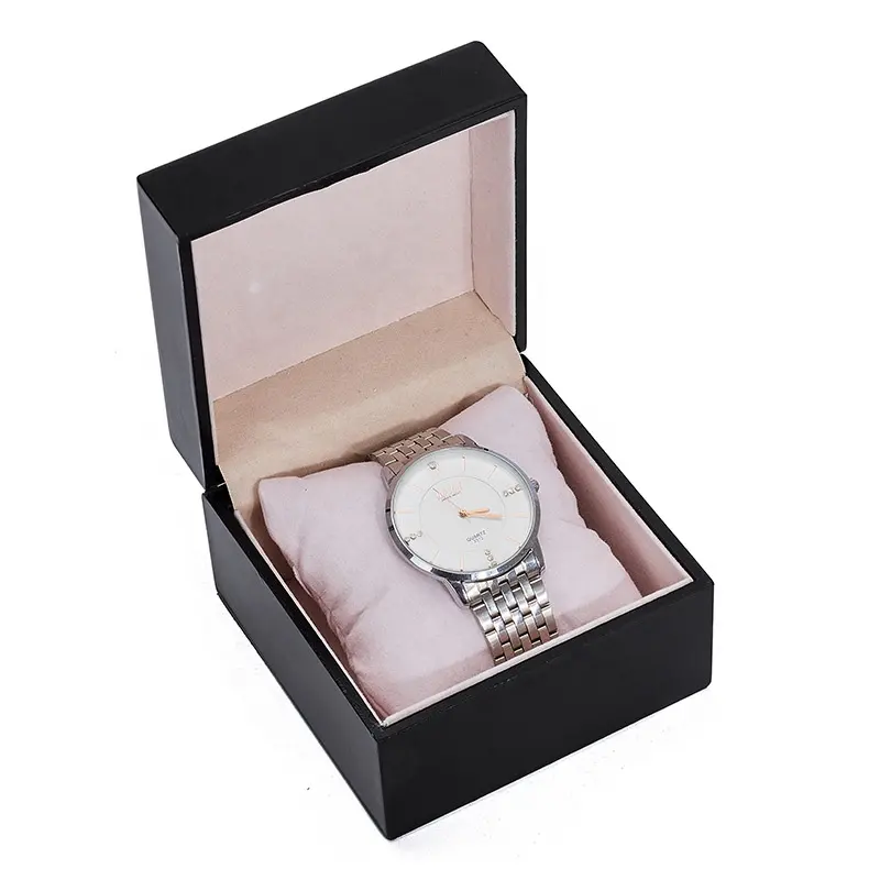Custom Logo Houten Horloge Box Case Black Gloss Verf Enkele Horloge Verpakking Luxe Horloge Doos Lederen Oem