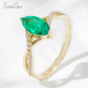Starsgem 1.1ct 5*10mm Marquise Cut Lab Grown Esmeralda con banda de cuerda 18K Oro amarillo Pave Anillo de compromiso - Product Image 2