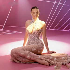 Gaun malam elegan ukuran Plus, gaun Bodycon berhias mutiara dengan belahan tinggi untuk pesta dan jamuan makan - Product Image 2