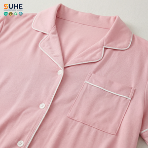 ชุดนอนแขนสั้นผู้หญิง SUHE ชุดนอนกระดุมติดกระดุมพร้อมกระเป๋าแต่งขอบ ชุดนอนกางเกงขาสั้น ใส่สบาย ระบายอากาศได้ดี - Product Image 4