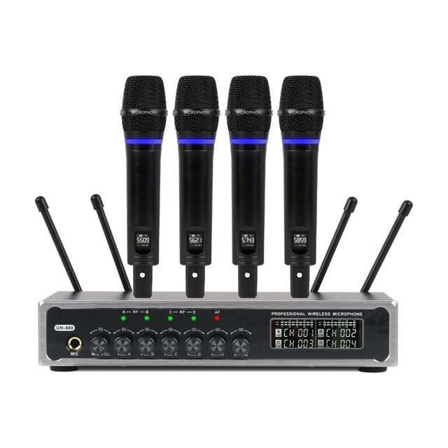 XTUG UH400 4-Channel Wireless Dynamic Microphone System Rechargeable with 4 Handheld Mics for BT UHF Karaoke Metal Cordless