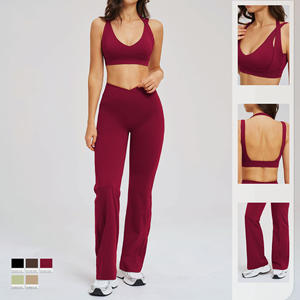 Conjunto Deportivo para Mujer, Bra de Yoga y Pantalones de Cintura Alta con Corte Acampanado, Tallas Grandes, Ropa Deportiva, Spandex/Nailon, Diseño a Cuadros, Sin Costuras, Elegante - Product Image 2