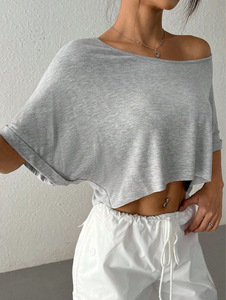 Camiseta Corta Holgada para Mujer, Cuello Redondo, Manga Corta, Color Sólido, Estilo Casual de Verano - Product Image 3