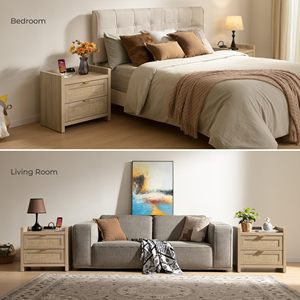 Type-C Charging Station Nightstands Set 2 Bedside <strong>Table</strong> 2 Drawers <strong>Storage</strong> Boho Light Oak <strong>End</strong> <strong>Table</strong> for Bedroom Office Rattan - Product Image 6