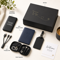 Kit Cadeau de Voyage Personnalisé avec Logo : Batterie Externe 10000mAh, Porte-Passeport RFID, Organisateur de Câbles – Cadeaux d'Entreprise VIP pour Voyages