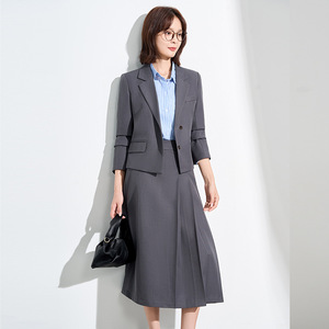 Gray Women's Suit Set Two Piece Skirt Formal Wear Professional Office Workwear Anti Wrinkle Solid Color Woven Polyester - Product Image 3