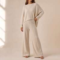 Ensemble de survêtement côtelé pour femme avec manches chauve-souris et pantalon large à taille élastique, marque privée OEM