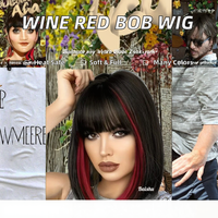 Perruque Femme Rouge Vin à Franges Bob, Fibre Haute Température, Lisse, Douce et Volumineuse, Sans Lacet, Plusieurs Couleurs Disponibles - Offre Spéciale