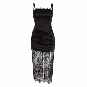 Robe mi-longue en satin et dentelle sexy pour femmes Bretelles spaghetti Coupe ajustée Robe de soirée de fête avec dos en dentelle transparente Fente sur le bas pour les tenues de club - Product Image 6