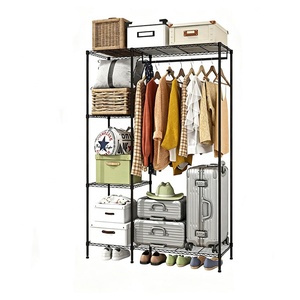 WELLAND Armoire de rangement moderne à 6 niveaux, étagères métalliques réglables, porte-vêtements avec barres simples et crochets latéraux - Product Image 1