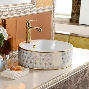 New pattern bowl round sink aufsatzwaschbecken porcelain electroplate decal decoration white bathroom sink