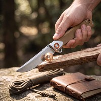 Couteau de poche pliant EDC en acier D2, lame de 80 mm, manche G10 beige, roulement à billes, clip de transport profond pour le camping, la randonnée et les activités de plein air