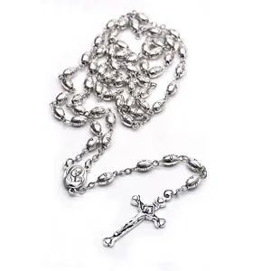 High Quality Catholic Ancient Silver Alloy Rice Shaped Beads Mother Mary Jesus Cross Prayer Chain Necklace Sublimation Rosary