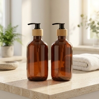 Botol Dispenser Sabun Kaca Amber Kustom dengan Pompa Bambu Alami, Botol Isi Ulang untuk Sampo Cair dan Pembersih Tangan untuk Kamar Mandi