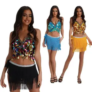 2024 Cập Nhật Mới Bán Buôn Phụ Nữ Sequins Áo Ngực Với Tiền Xu Sexy Belly Dance Halter Top Áo Ngực Thiết Lập Lễ Hội Halloween Rave Trang Phục