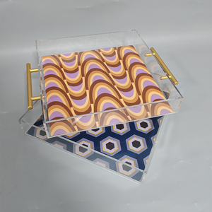 Custom Acrylic Transparent Printed <strong>Tray</strong> With Gold Handle Bottom Patterned Service <strong>Tray</strong> - Product Image 3
