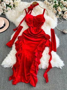 <span class=keywords><strong>Abito</strong></span> Slip in Velluto <span class=keywords><strong>Rosso</strong></span> da Donna - Vestito Aderente <span class=keywords><strong>Vintage</strong></span> con Spacco Alto sulla Gamba - Product Image 1