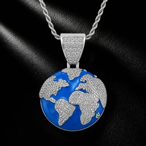 Collier pendentif globe terrestre en laiton émaillé bleu avec zircon cubique pour homme, style hip-hop, bijoux masculins, chaîne de mode - Product Image 6