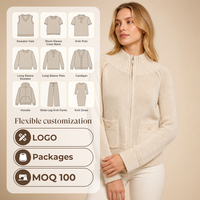 Cardigan personnalisé en laine et viscose pour femme, col rond, style preppy, fermeture éclair, boutons, manches longues, avec poches, idéal pour l'automne