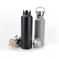 Botol vakum tutup bambu, termos dinding ganda, Stainless Steel, botol air bambu terisolasi dengan pegangan