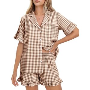 Womens Gingham <b>Pajamas</b> <b>Set</b> 2 Piece Cotton Short Sleeve Shirt With Ruffle Shorts Casual Sleepwear Lounge Wear - Product Image 1