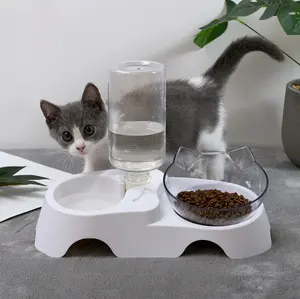 可爱的猫耳朵形宠物喂食器斜角双水碗颈部保护猫碗