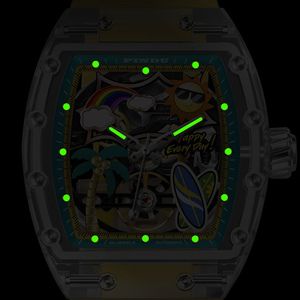Montre mécanique automatique pour homme avec verre optique tonneau, cadran squelette ajouré motif dessin animé, bracelet en silicone, étanche, montre-bracelet tendance - Product Image 6