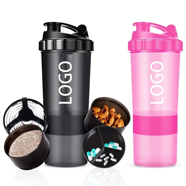 Custom Logo 500ml 3 Compartments Plastic Water Bottle Shakers Protein Shaker Cup Bottle With Storage for Protein Shakes