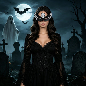 Máscara de media cara de Halloween con purpurina, máscara de ojos de fieltro, máscara de disfraz de murciélago, calavera, bruja, araña, diablo, cuernos, accesorio de cosplay para Halloween - Product Image 6
