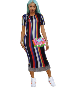 Robe de <span class=keywords><strong>soirée</strong></span> sexy à rayures et col rond avec franges pour <span class=keywords><strong>femme</strong></span>, collection printemps-été, mode féminine - Product Image 1