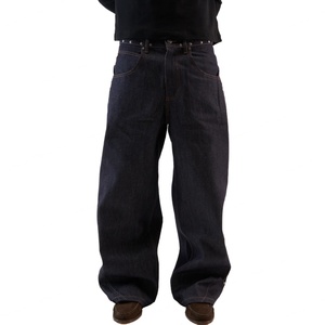 Custom Indigo Dark Washed Wide Leg Metal Rivets Studded <b>Jeans</b> Loose Baggy Fit Denim <b>Trousers</b> for <b>Men</b> - Product Image 1