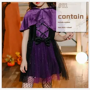 Disfraz de TV y película para niños de Halloween, traje morado con capa de vestido para actuación de chica vampiro - Product Image 6