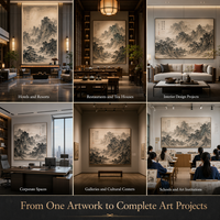 Peinture à la main, effet éclaboussures de couleurs intenses, Shanshui 367x144cm, Montagnes majestueuses, Cascade, Bateaux, Lever de soleil, Art sur papier Xuan géant, Feng Shui pour
