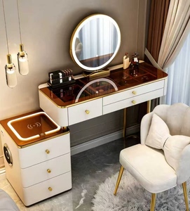 Modern Makeup Vanity Set LED Mirror Dressing <b>Desk</b> with Storage <b>Cabinet</b> Wireless Charging Station Bedroom Use - Product Image 4