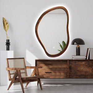 <span class=keywords><strong>Espejo</strong></span> LED de Baño <span class=keywords><strong>con</strong></span> Marco de Madera de Nogal Decorativo, <span class=keywords><strong>con</strong></span> Iluminación de <span class=keywords><strong>Borde</strong></span> y Atenuación, para Paisajes Irregulares y Retratos - Product Image 1