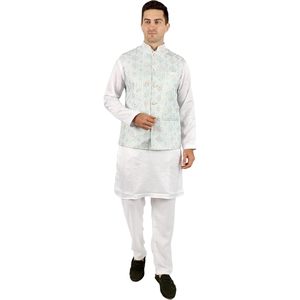 Conjunto de Kurta, Pijama y Chaleco 3 en 1 para Hombre, Algodón, Ropa Tradicional Étnica India, Diwali Puja, Blanco - Product Image 1