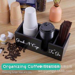Boîte de rangement en bois pour tasses à emporter, organisateur de bureau pour cafés, avec couvercle de tasse et support pour pailles - Product Image 2