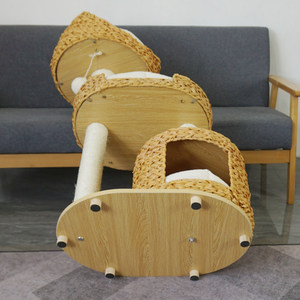 Minimalist Two <b>Level</b> Cat Tree With Woven Basket Perch And Scratching <b>Posts</b> For Indoor Cats - Product Image 2