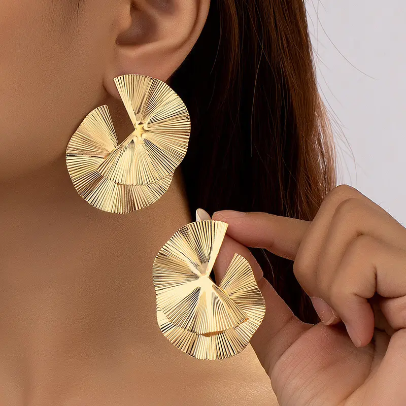 Gold Sectored Geometric Exaggerated Punk Stylish Sectored Twisted Statement Earrings For Women And Girls