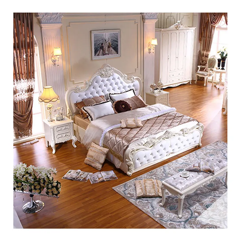 European style Italian furniture luxury classic king size wooden bed designs double wooden carved gold bed designs