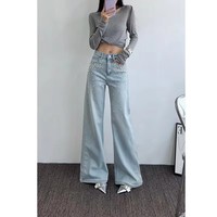Jean évasé en denim à jambe large, orné de strass et de perles, bleu clair, pour femme, idéal pour l'été