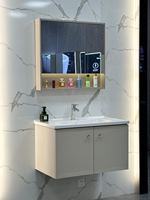 Meuble de salle de bain mural étanche et peu encombrant en acier inoxydable avec lavabo en céramique, armoire de rangement miroir et étagère ouverte