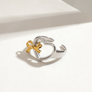 Yueli Heart Shape <b>Ring</b> Silver Gold Bow <b>Open</b> Design Unisex Fashion Jewelry Gift - Product Image 2