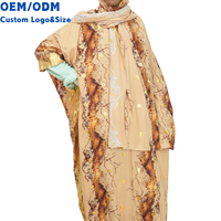 Abaya Femme Dorée Brillante à Manches Cape avec Imprimé Feuille d'Or, Robe Musulmane Tendance avec Hijab Assorti pour l'Aïd, Mariage et Banquet Formel
