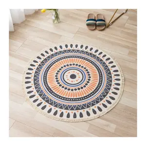 Nostalgic Round Cotton Printed Nordic Mandala Pattern Area Rugs Machine Made Washable Boho Carpet Non-Slip Floor Mat