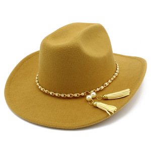 10 <span class=keywords><strong>colores</strong></span> nueva moda elegante perla cadena fieltro <span class=keywords><strong>sombrero</strong></span> de vaquera mujeres ganado occidental <span class=keywords><strong>vaquero</strong></span> sombreros para mujeres - Product Image 2